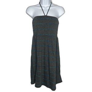Hurley Halter Dress Sundress Size M Mini Gray Blue Striped Knit Smocked Mesh